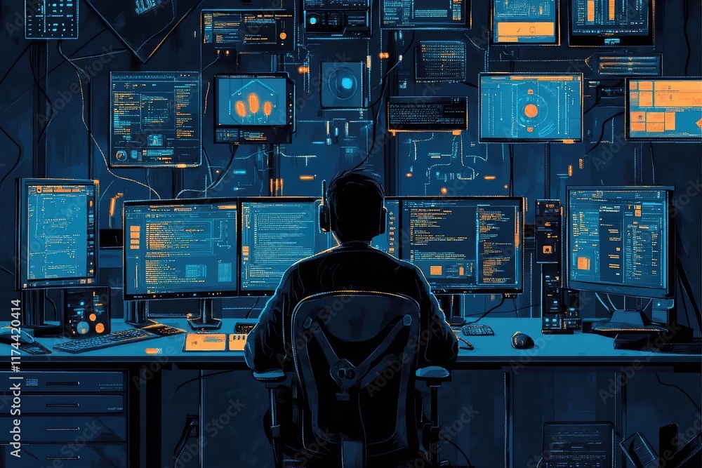 Poster cybersecurity alert system illustrating network hacks, malicious software, and data security measure