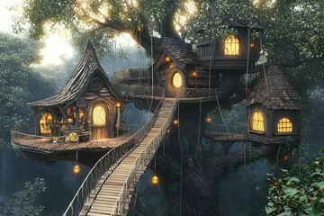 Obraz premium Enchanted treetop homes, magical forest setting.