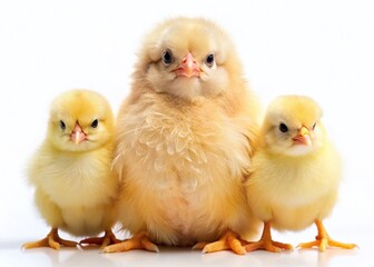 Fototapeta premium Adorable Chicken and Chicks Posing Against White Background - Perfect for Farm, Poultry, or Family Stock Photos