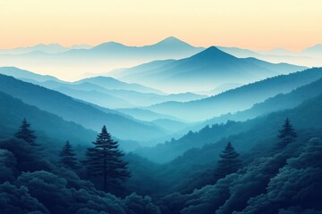 Fototapeta premium Misty blue mountains at sunrise, showcasing layers of peaks and valleys, with dark green foreground trees.