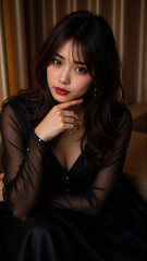 黒のシースルードレスを着た女性が、柔らかな波状の髪と赤いリップでエレガントに魅了しながら、片手を顎に軽く添えて視線をこちらに向けるポーズをとり、暗めの背景と暖色系の照明が高級感と洗練された雰囲気を際立たせる肖像写真。