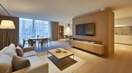 Modern apartment interior with light wood features, large windows, comfortable sofa, and flat-screen TV.