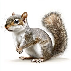 Realistic portrait of a curious squirrel with bright eyes and bushy tail isolated on a clean white background