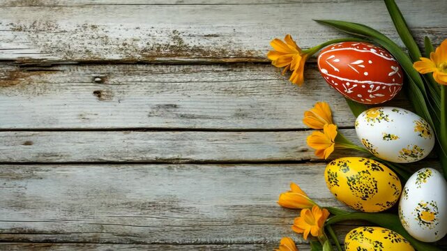 Colorful decorated eggs and yellow flowers arranged on a rustic wooden table for spring celebration