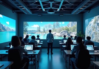 Students engaged in digital learning with immersive nature backdrop in classroom