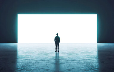 Fototapeta premium A man stands in a large, empty room with a blue wall