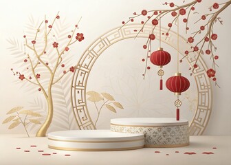 design of a modern bathroom with product display podium element with 3d realistic chinese new year ornament and glitter light effect decoration and bokeh.