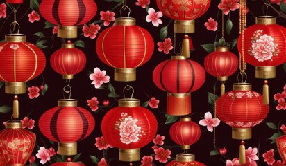 A vibrant pattern of red Chinese lanterns and delicate pink blossoms against a deep black background.