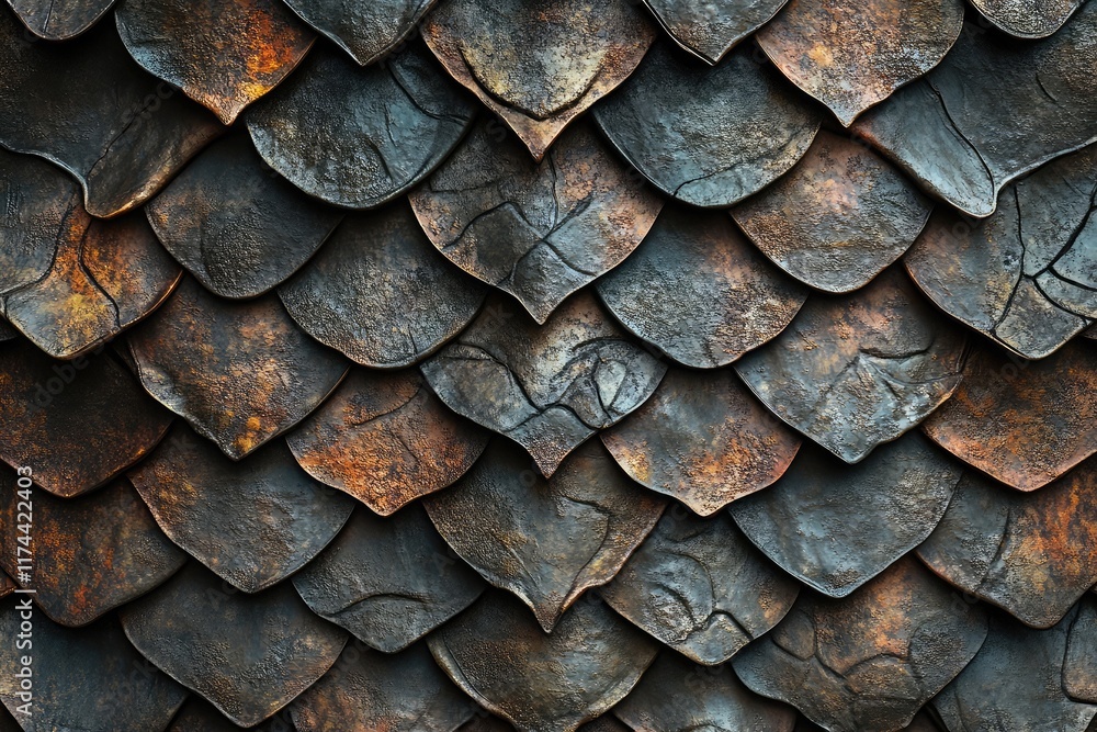Poster dragon scale texture with deep, dark tones and intricate detailing in 3d render.