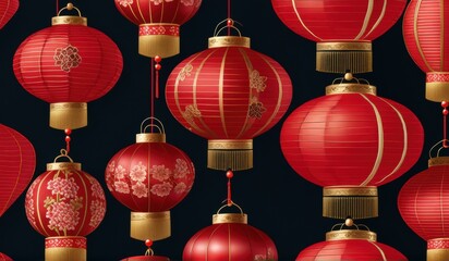 A vibrant pattern of red Chinese lanterns and delicate pink blossoms against a deep black background.
