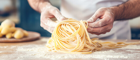 A man is making pasta and has a pile of uncooked noodles in his hands