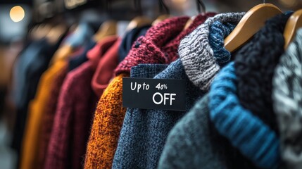 Warm winter sweaters on display with a 40% off sale sign.