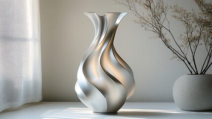Elegant silver vase with flowing design, sits on a white surface near a window and beige pot with dried branches.