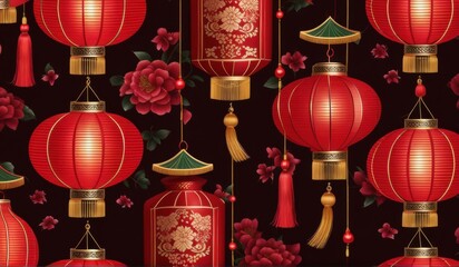 A vibrant pattern of red Chinese lanterns and delicate pink blossoms against a deep black background.