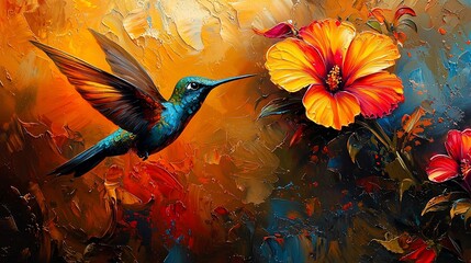 Hummingbird approaching vibrant hibiscus flower.