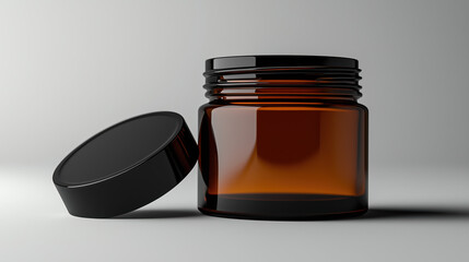 Opened Amber Glass Jar Mockup with Blank Black Sleeve and Lid on White Background