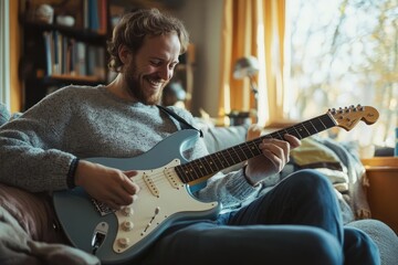 Enthusiastic musician playing an electric guitar, capturing the essence of joy and passion in a cozy home setup