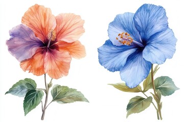 Two beautifully illustrated hibiscus flowers in orange and blue with green leaves.
