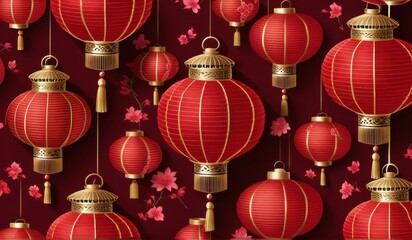A vibrant pattern of red Chinese lanterns and delicate pink blossoms against a deep black background.
