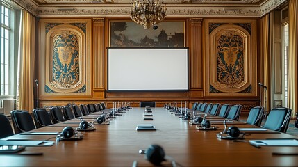 Obraz premium Empty conference room with large blank screen, long wooden table, and ornate walls.