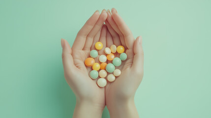 Two Women’s Hands Holding Mint, Yellow, and White Capsules for Holistic Health and Wellness