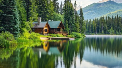 Fototapeta premium A peaceful lakeside cabin nestled among tall evergreens, with a dock extending into calm waters