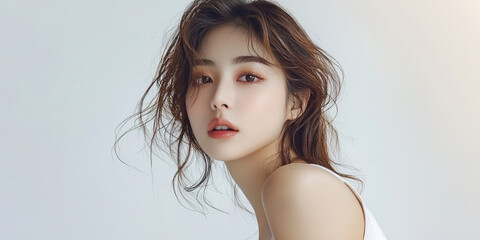 Beautiful young Asian woman with wavy brown hair wearing a white top, generative AI