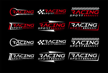 Race sport car stripe stickers, checker decals. Motocross competition retro emblems, motorsport championship or rally racing tournament vintage vector symbols
