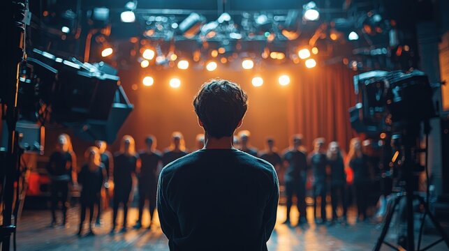 Director conducts rehearsals and supervises large number of actors