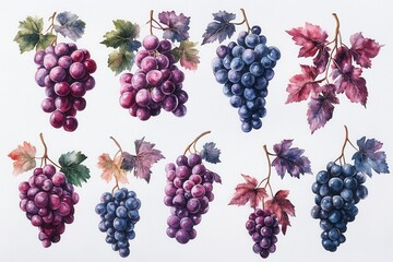 A collection of watercolor illustrations depicting various bunches of grapes with leaves.