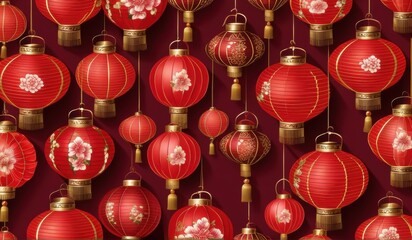 A vibrant pattern of red Chinese lanterns and delicate pink blossoms against a deep black background.