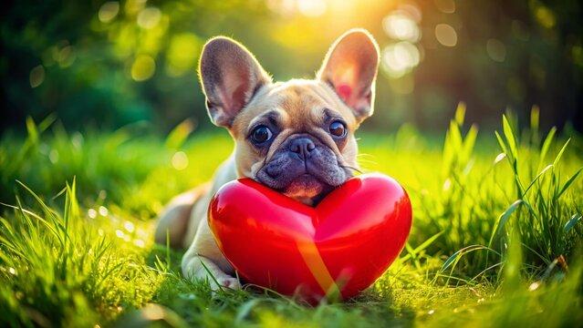 Adorable French Bulldog Puppy with Heart-Shaped Balloon - Aerial View
