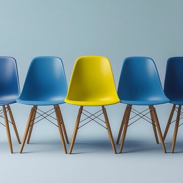 A vibrant yellow chair stands out boldly among a row of blue chairs, set against a modern blue studio background, symbolizing uniqueness and individuality.