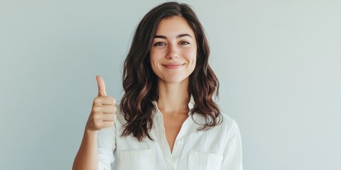Smiling Woman Shows Thumbs Up In White Shirt