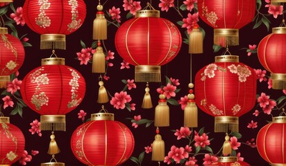 A vibrant pattern of red Chinese lanterns and delicate pink blossoms against a deep black background.