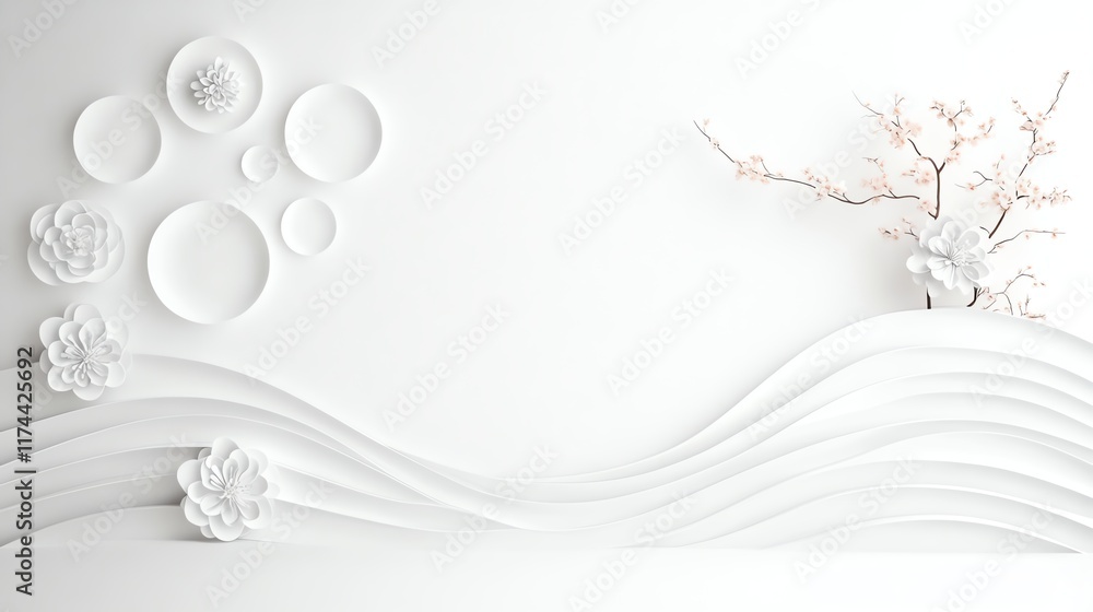 Poster minimalistic white abstract background with elegant floral elements and wavy patterns, perfect for d