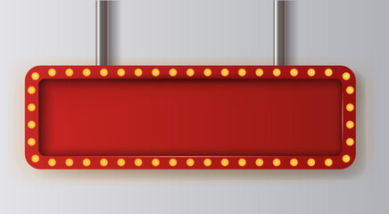 Hanging blank red long sign banner or retro billboard display box with yellow neon light bulbs