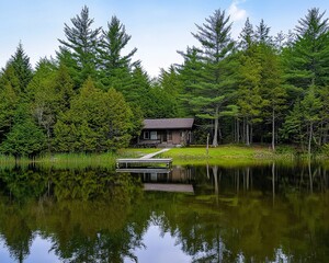 Obraz premium A peaceful lakeside cabin nestled among tall evergreens, with a dock extending into calm waters