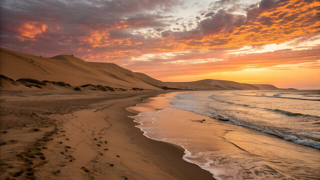 Stunning sunset over a tranquil dune beach, with golden sand, gentle waves, and a sky painted in warm orange and pink hues