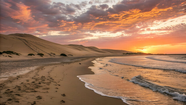 Stunning sunset over a tranquil dune beach, with golden sand, gentle waves, and a sky painted in warm orange and pink hues