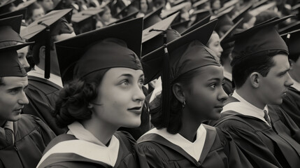 Obraz premium Graduation ceremony featuring diverse students in traditional caps and gowns, celebrating achievements on a university campus.
