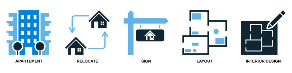 Real estate property, house residential building architecture. Containing apartment, house relocate and floor plan vector glyphs pictogram sign icon symbol ui and ux design