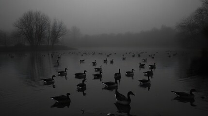 Naklejka premium Misty Morning Geese: A Serene Lake Scene