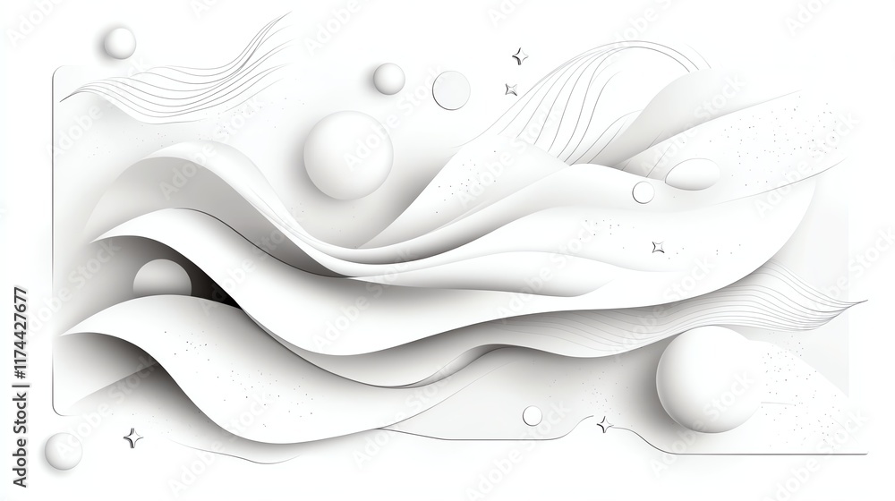 Poster abstract 3d white waves with flowing lines and spheres creating a minimalist artistic composition.
