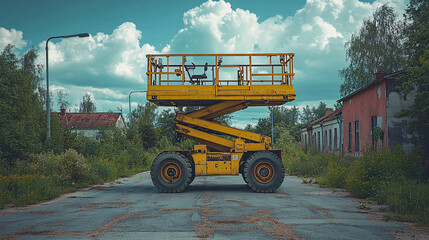 A yellow boom lift and scissor lift stand on the side of a street with trees and a blue sky in the background.
