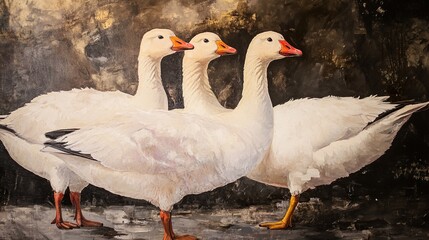 Obraz premium Three White Geese in Serene Painting
