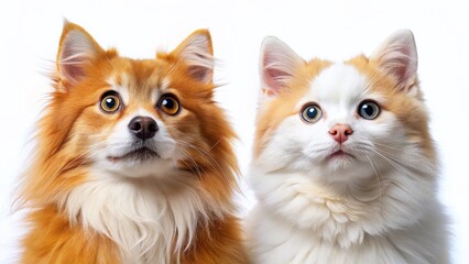 Obraz premium Adorable Orange Cat and Spitz Dog Looking Up, Isolated White Background - Pet Stock Photo
