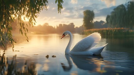 Serene Sunrise: A Majestic Swan on a Tranquil Lake