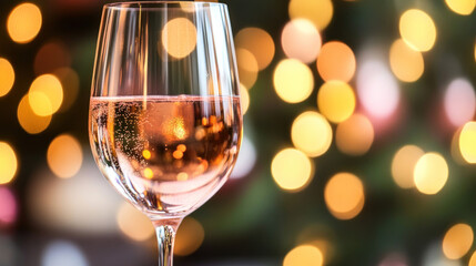 Sparkling rose wine in a glass against a bokeh background.