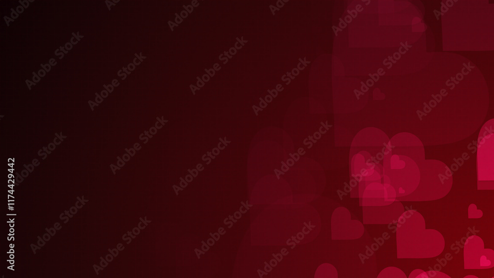 Poster red heart shapes are moving from the bottom right of a gradient grid abstract background, horizontal